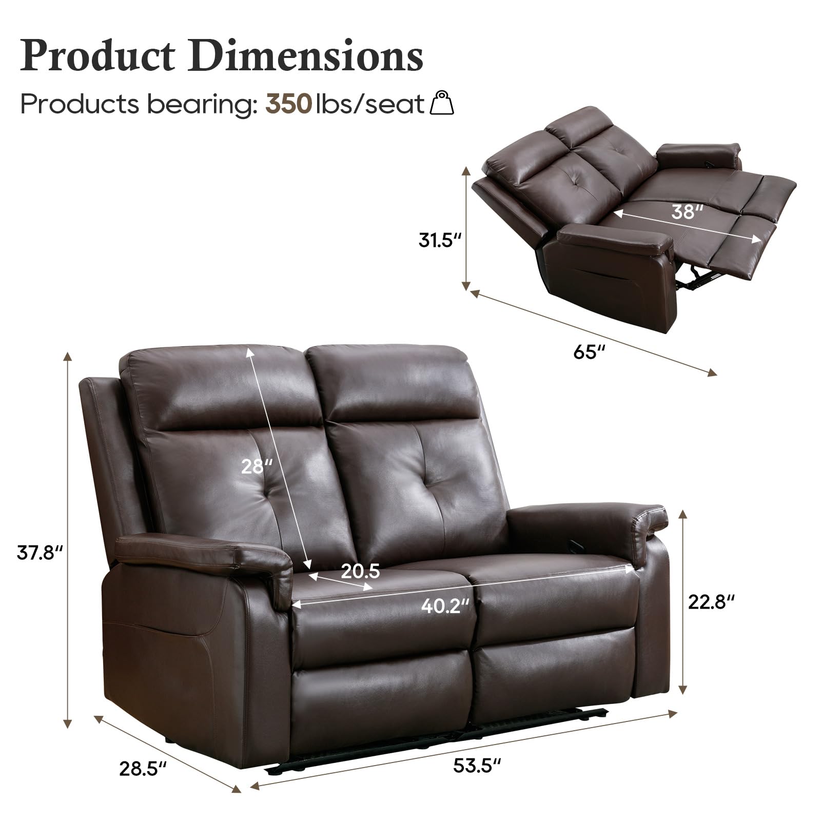 PALLOME Recliner Loveseat with Heat & Massage - Brown 54'' Double Seat