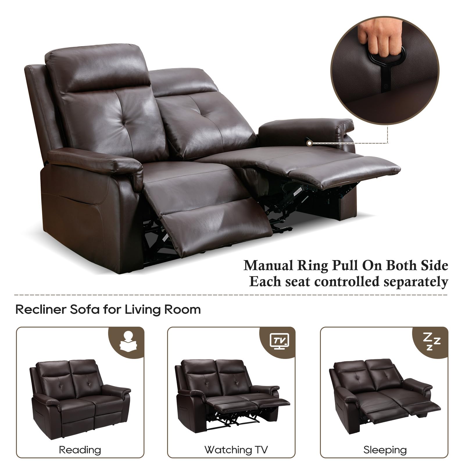 PALLOME Recliner Loveseat with Heat & Massage - Brown 54'' Double Seat