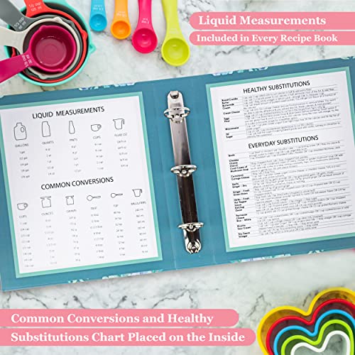 Inside the AR Kitchen Recipe Binder showing conversion and substitution charts