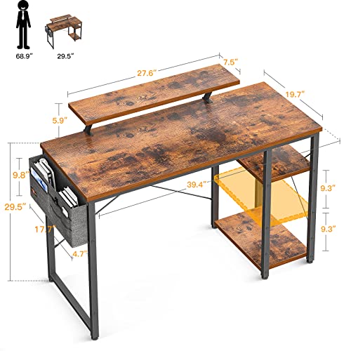 ODK 39 Inch Computer Desk with Shelves & Monitor Stand | Vintage Design