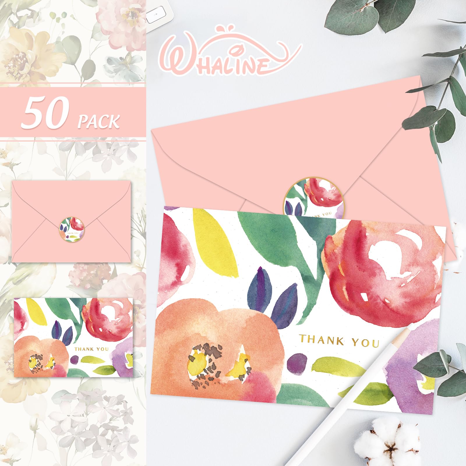 Whaline 50 Pack Floral Thank You Cards with Envelopes & Stickers